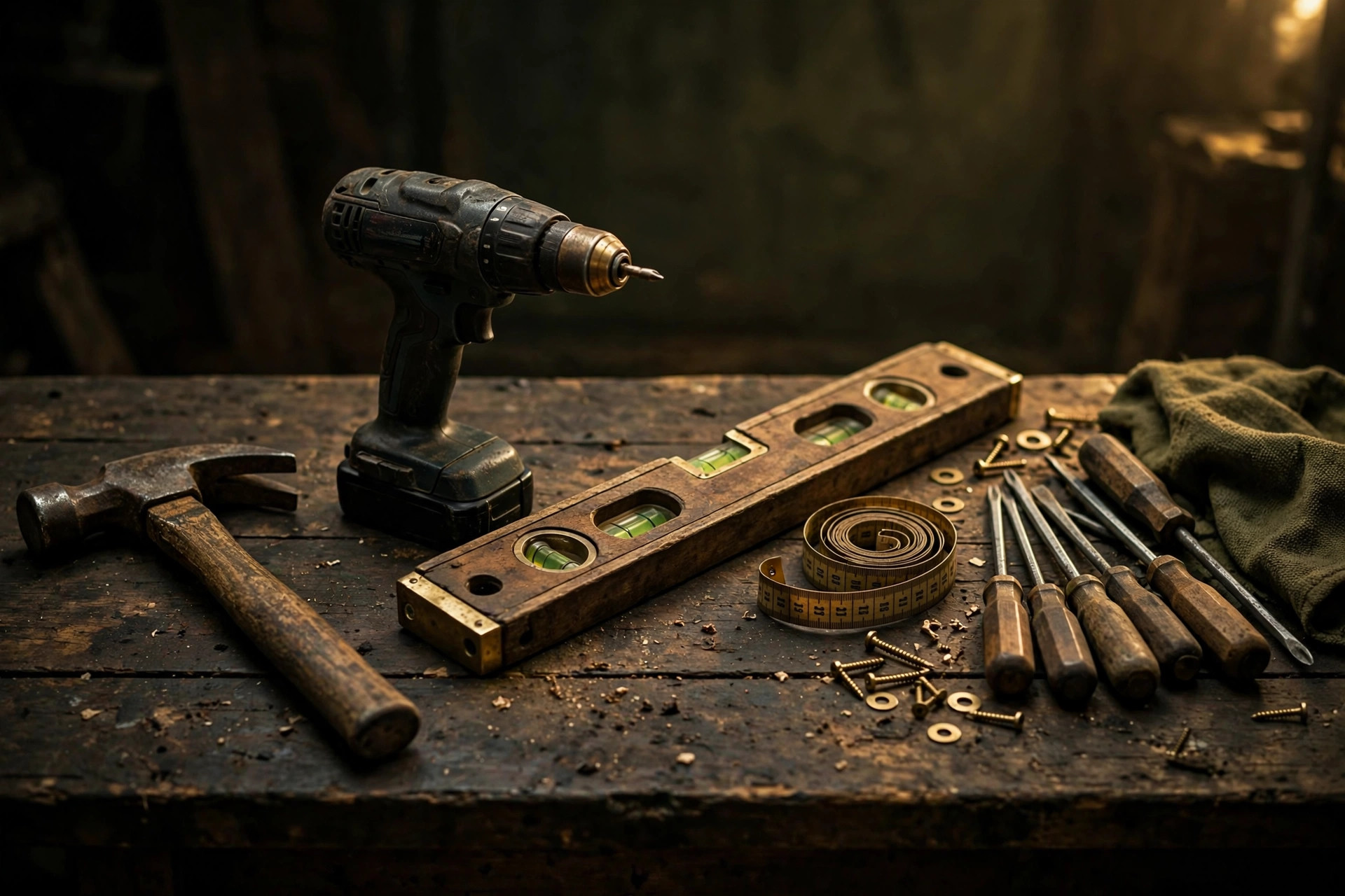 Well-worn hand tools on a workbench in warm workshop light